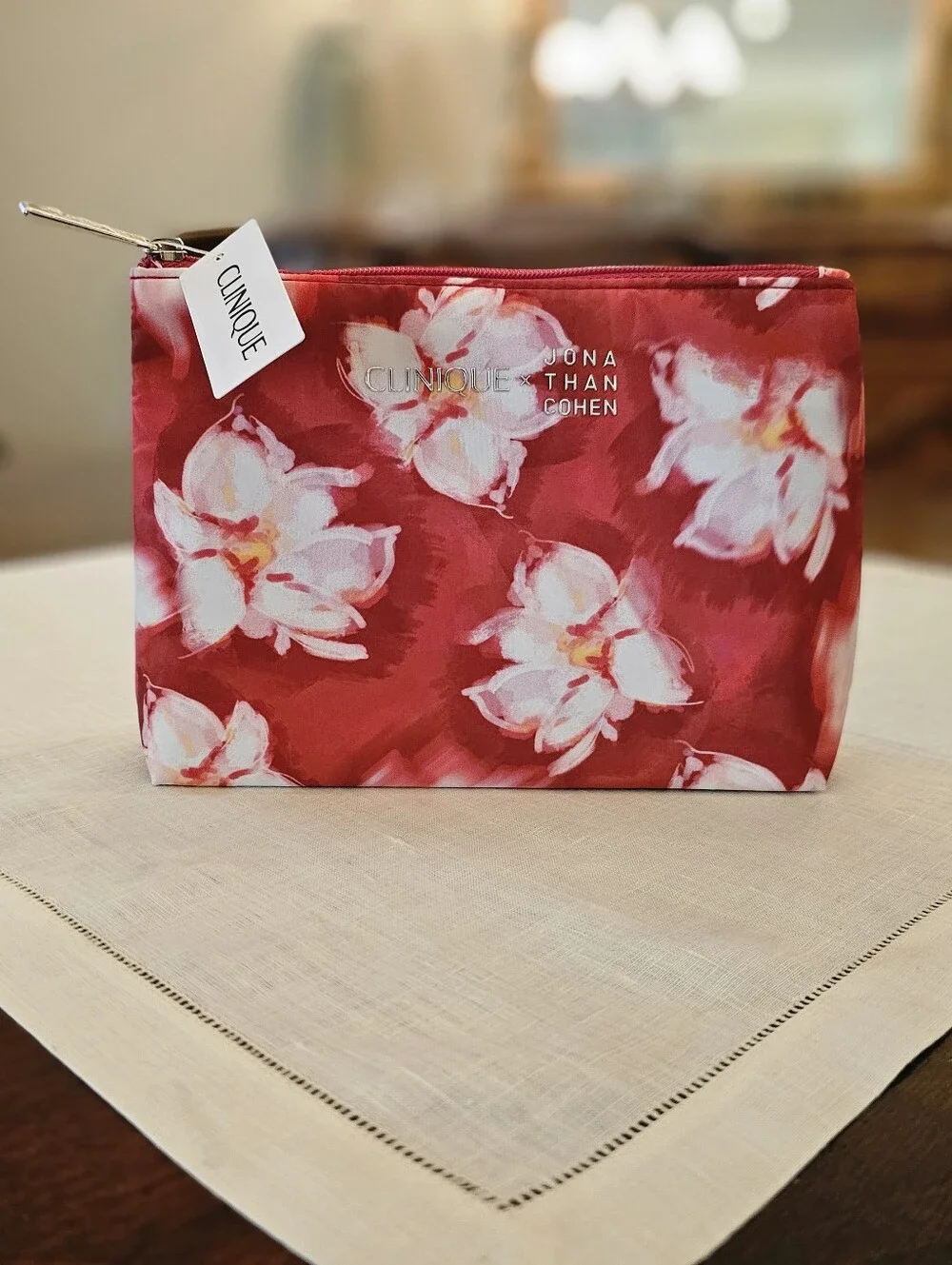 Clinique Cosmetic Makeup Bag Pouch Pink Red Floral by Jonathan Cohen  9×5×2